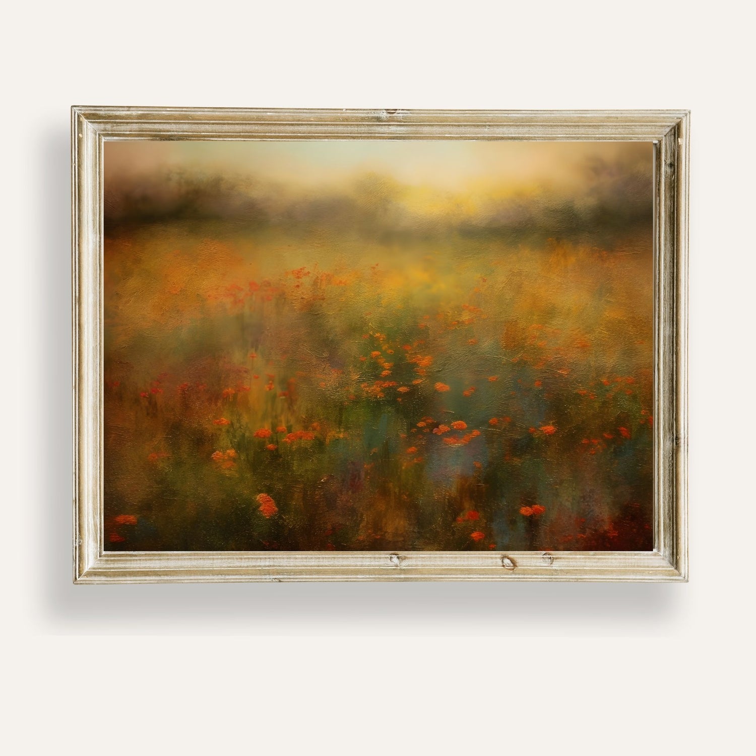 Dreamy floral field bathed in golden light with soft, swaying blossoms
