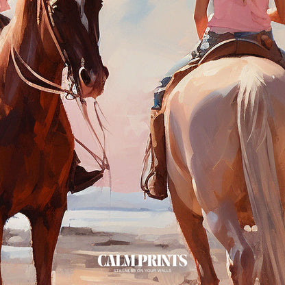 Poster capturing the dust trail of cowgirls beneath a windswept sky
