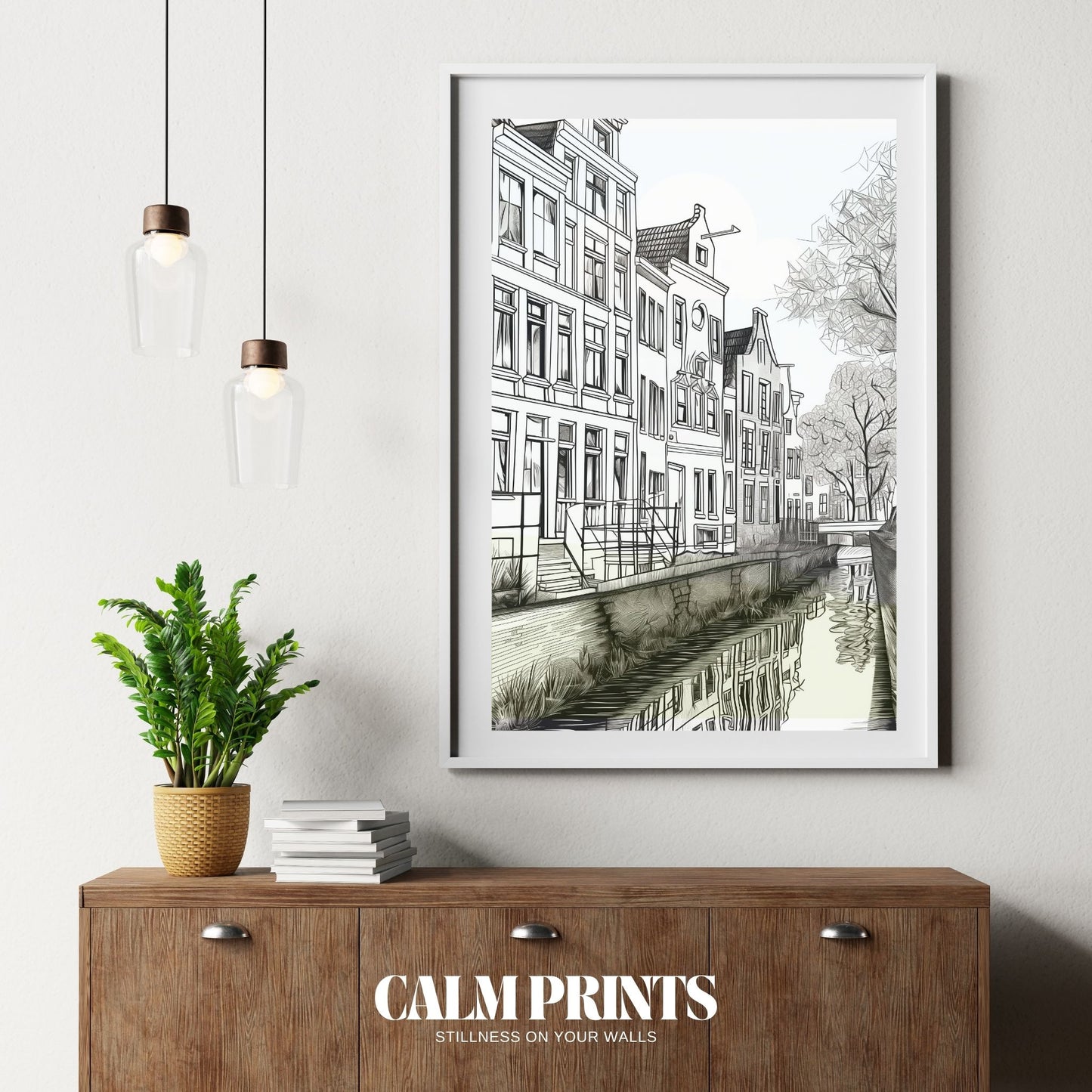 Illustrated Dutch canal houses captured in a refined monochrome style
