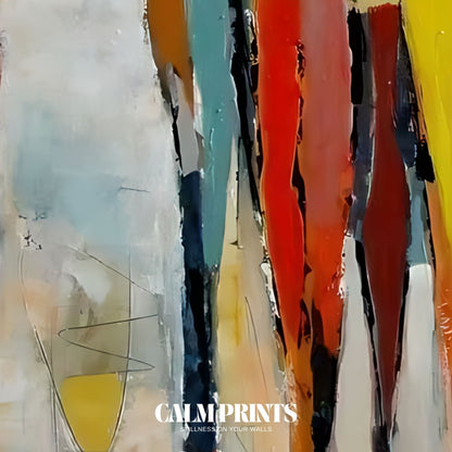 Dynamic poster of colourful abstract figures in motion