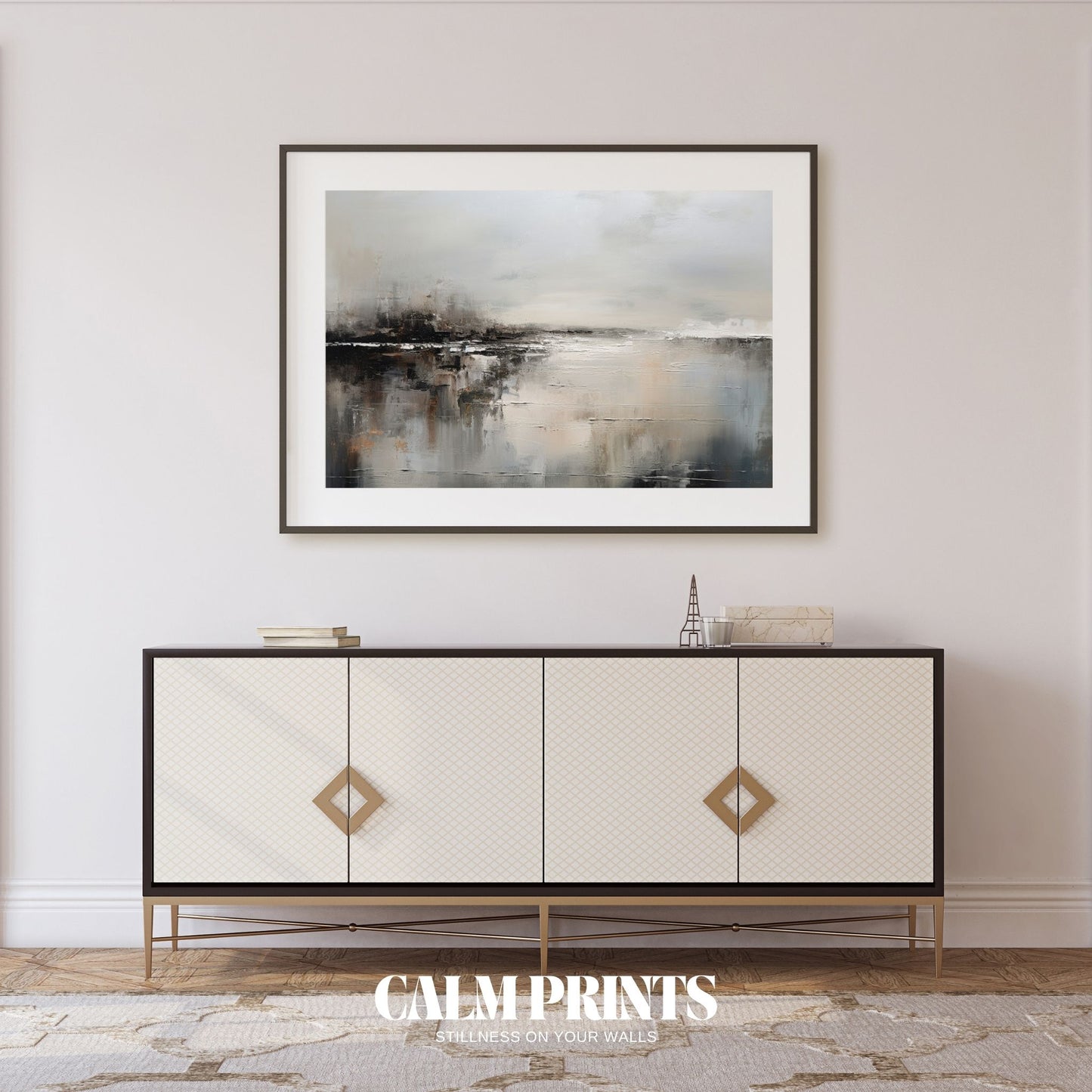 Abstract poster featuring earthy tones and a tranquil landscape view