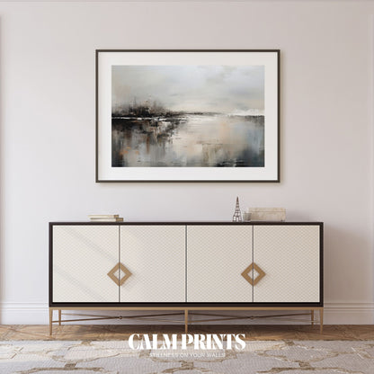 Abstract poster featuring earthy tones and a tranquil landscape view