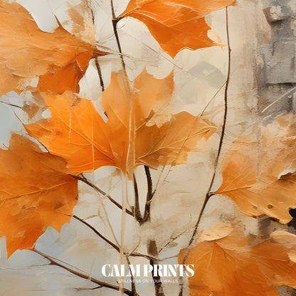 Nature print with earthy autumn tones against red brick texture