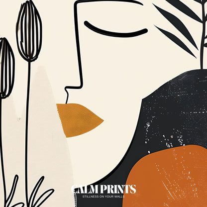 Abstract female figure in earthy tones with botanical overlays