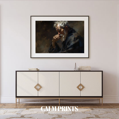 Peaceful portrait of an elderly person lost in gentle contemplation
