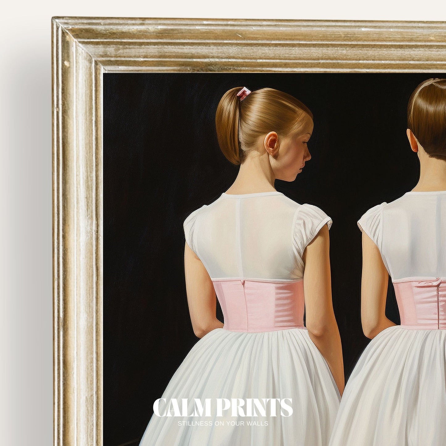 Elegant art print of two ballet dancers moving together in balance