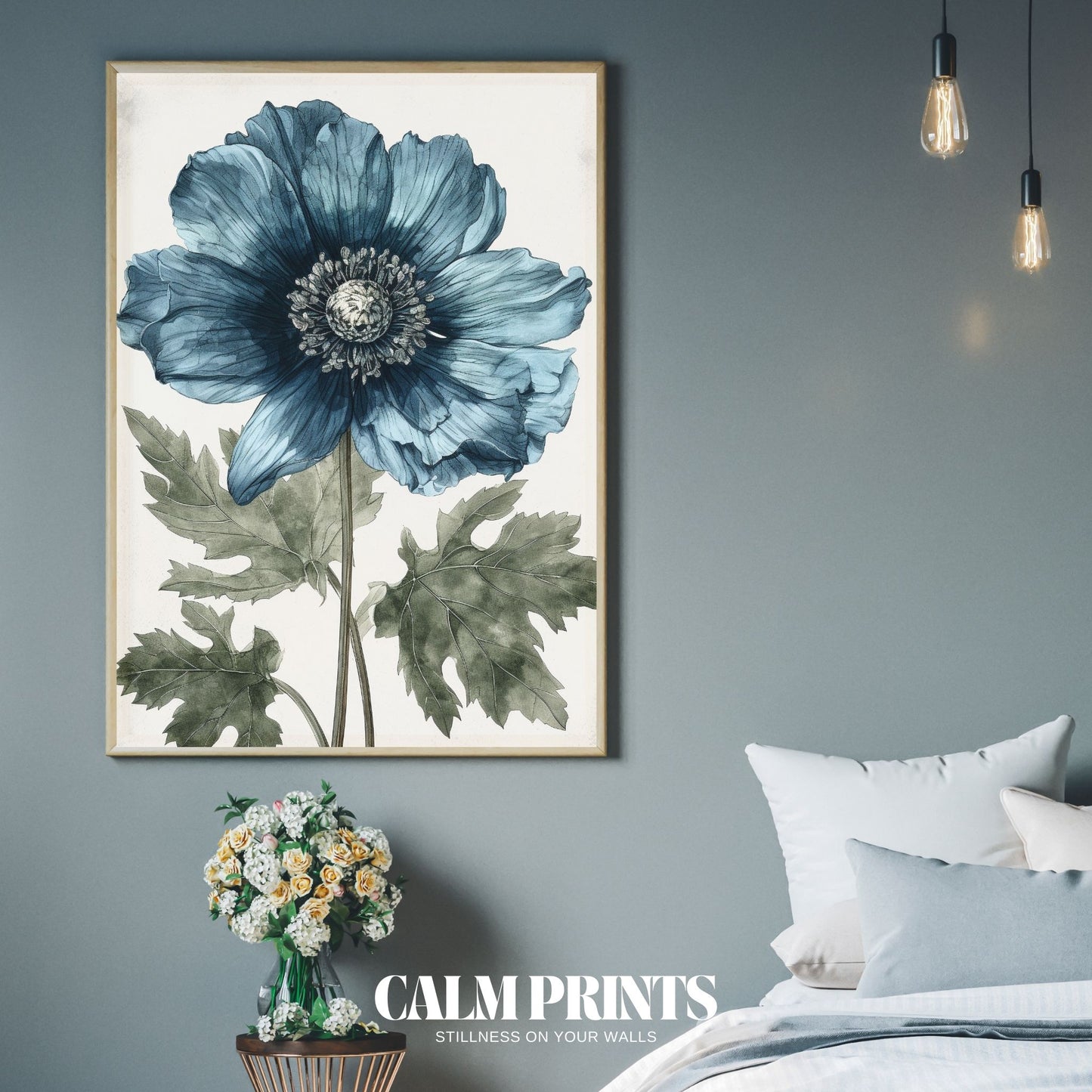 Elegant illustration of a single blue bloom in refined style
