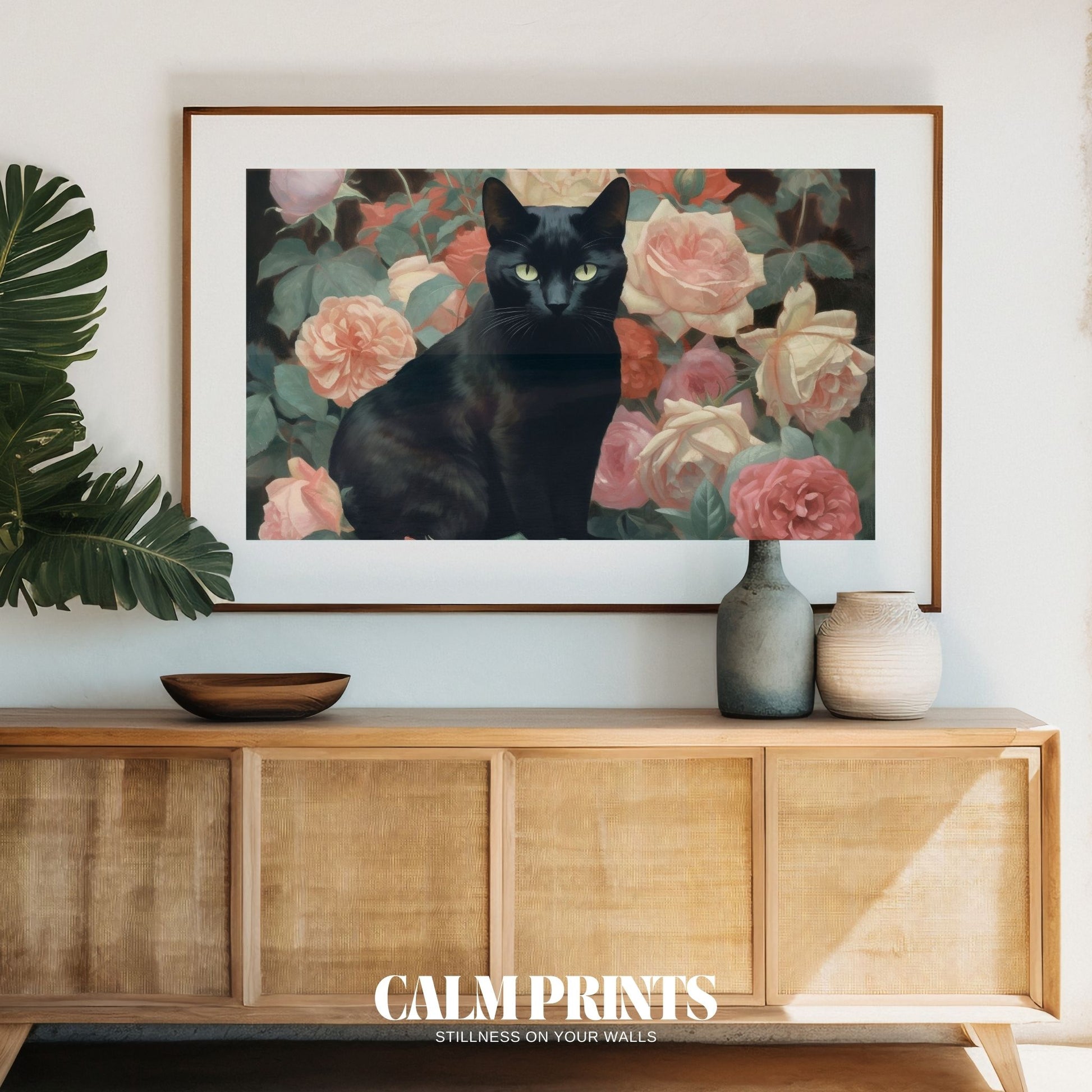 Elegant black cat surrounded by delicate rose flowers in full bloom