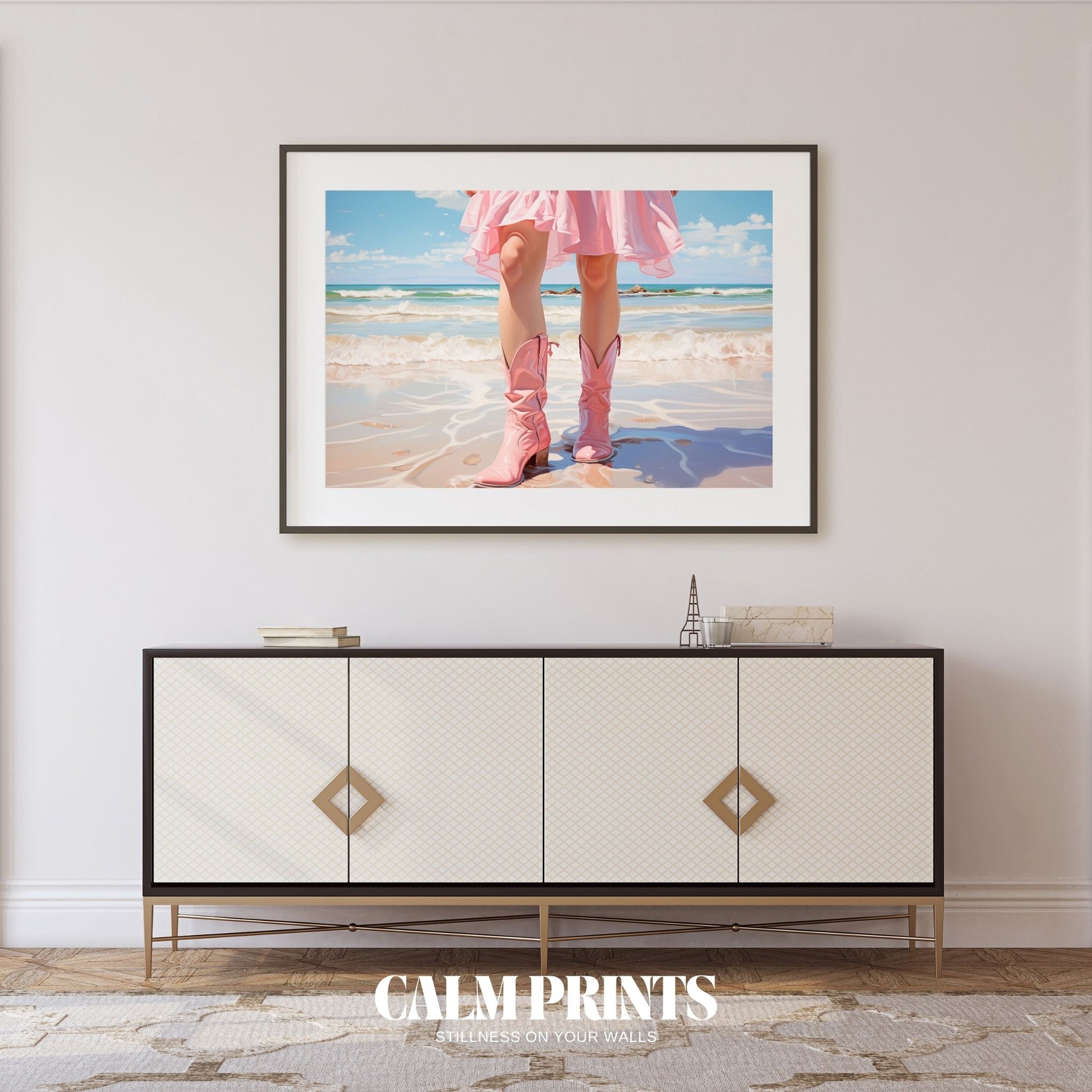 Artwork of an elegant coastal stroll with soft sand and subtle pink skies
