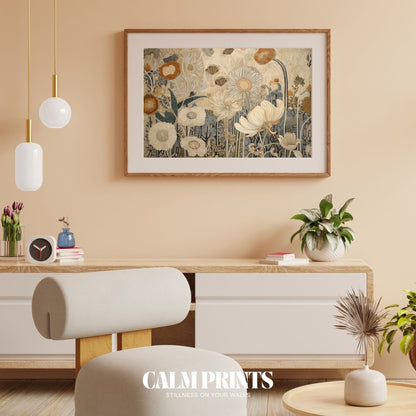 Elegant botanical illustration of a blooming flower in restful tones
