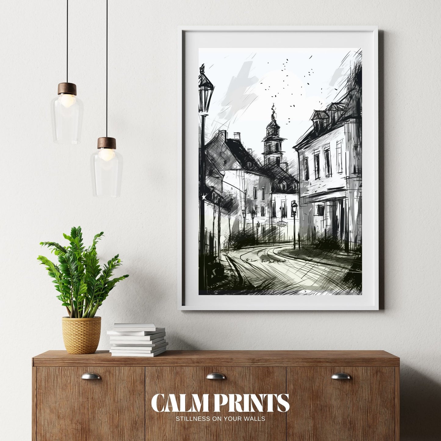 Elegant urban street scene depicted in soft greyscale tones
