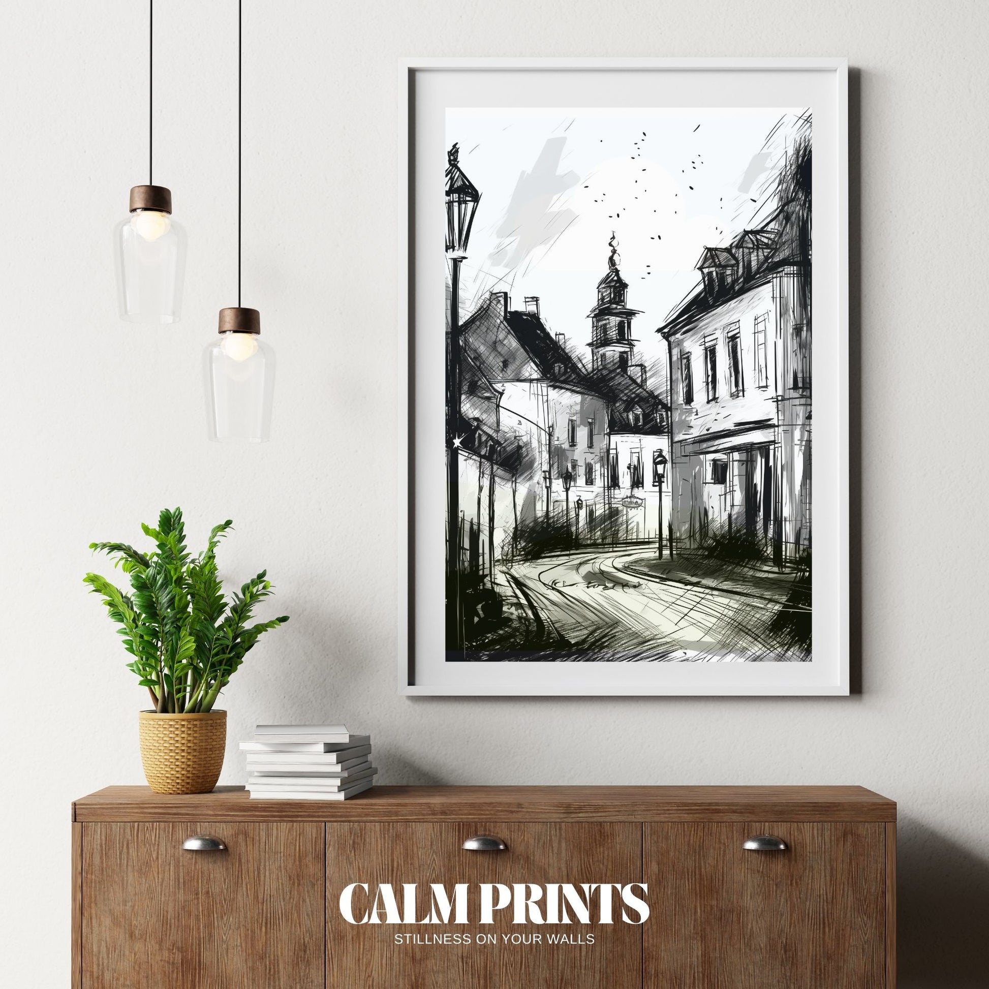 Elegant urban street scene depicted in soft greyscale tones
