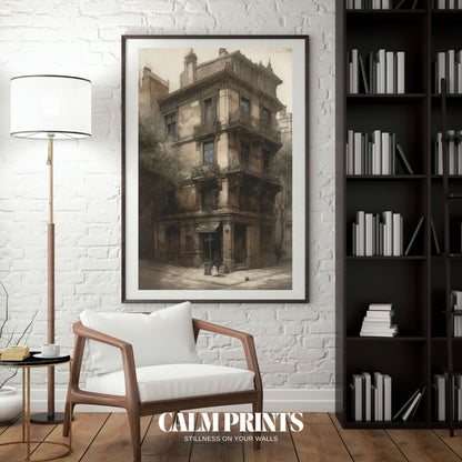 Line art print of an elegant urban scene with classic façades and windows
