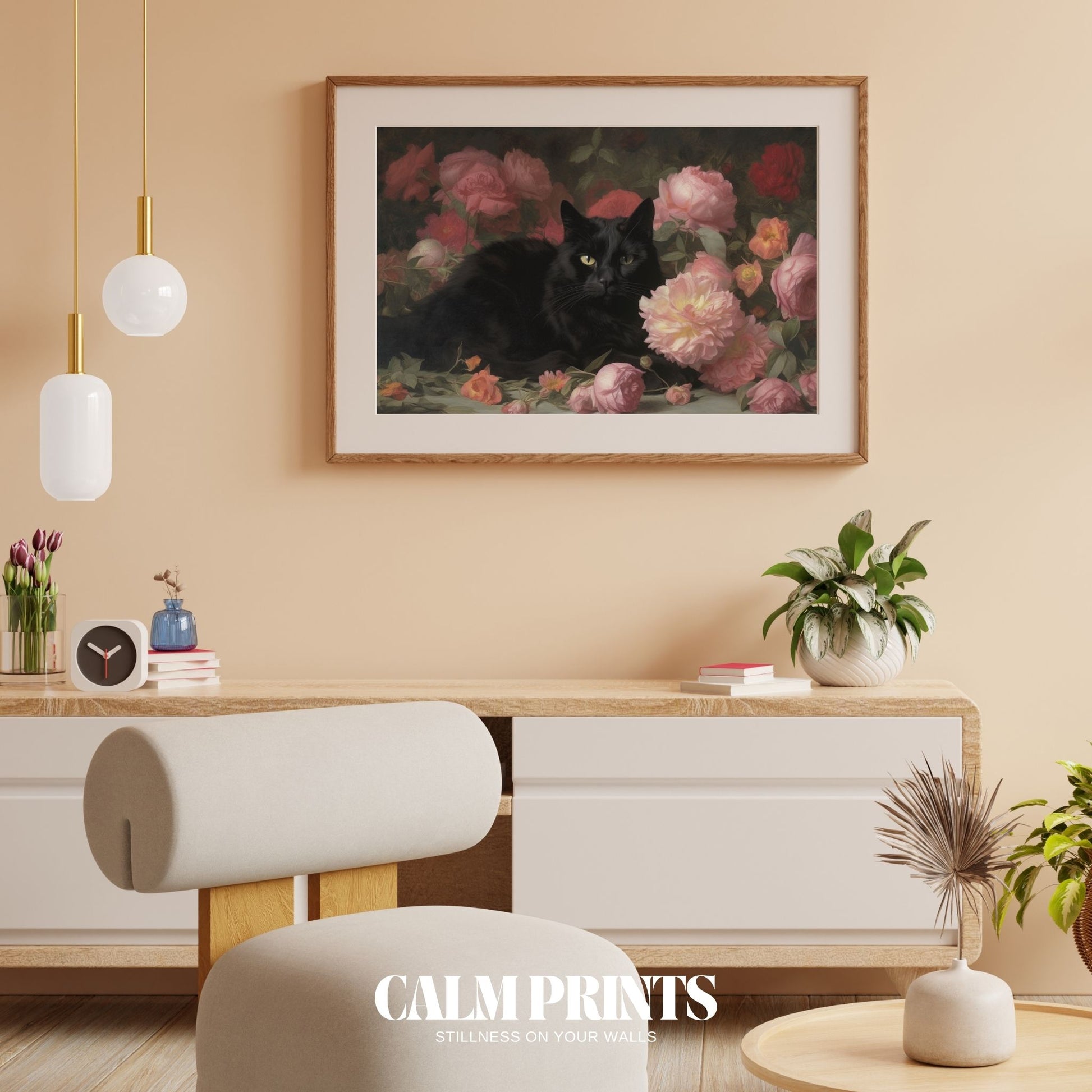 Enchanted garden scene with a curious cat among colourful blossoms