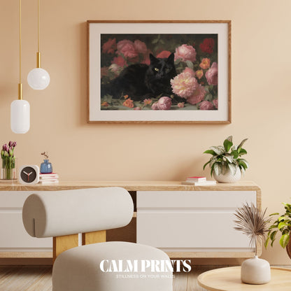 Enchanted garden scene with a curious cat among colourful blossoms