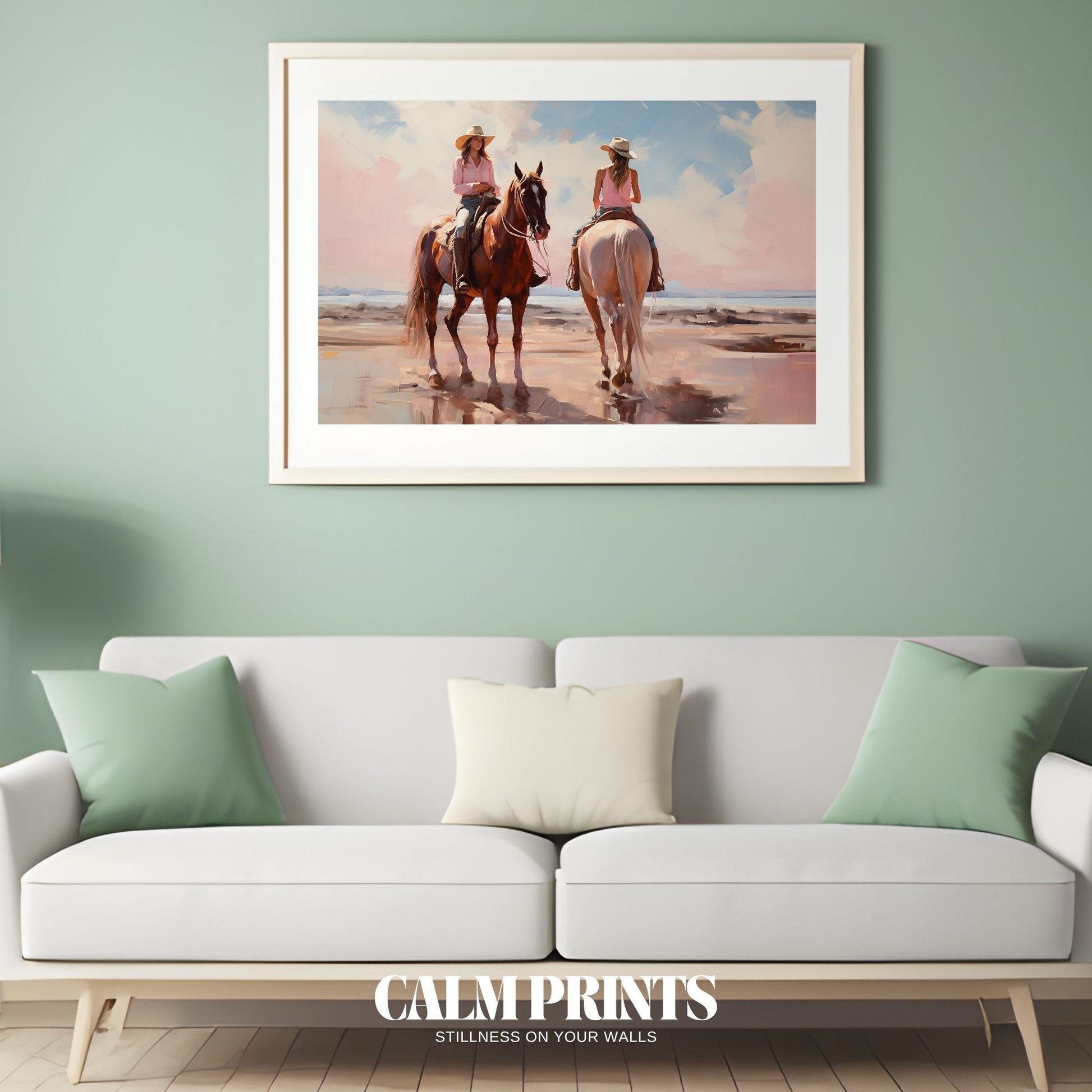 Equestrian sisters galloping across a wild horizon in perfect harmony
