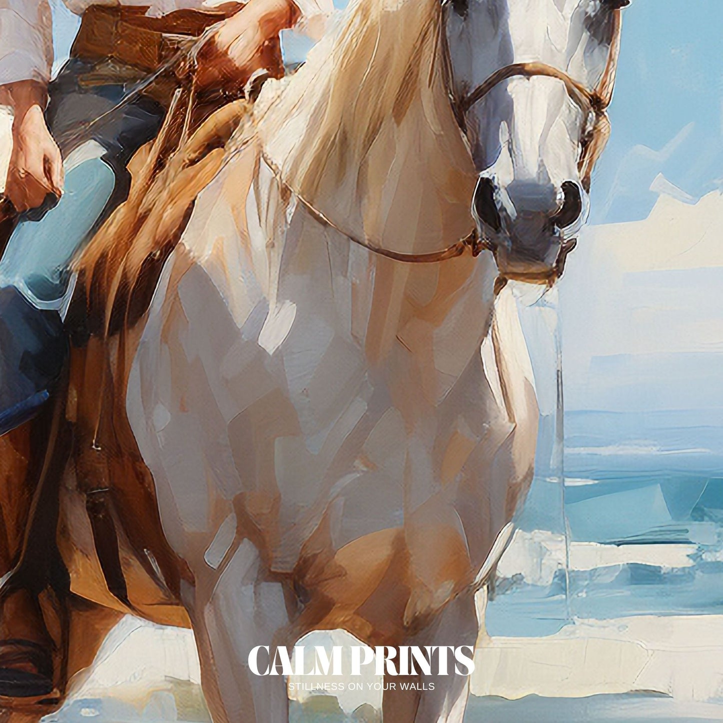 Artistic depiction of a summer day ride by the sea with a free-spirited cowgirl
