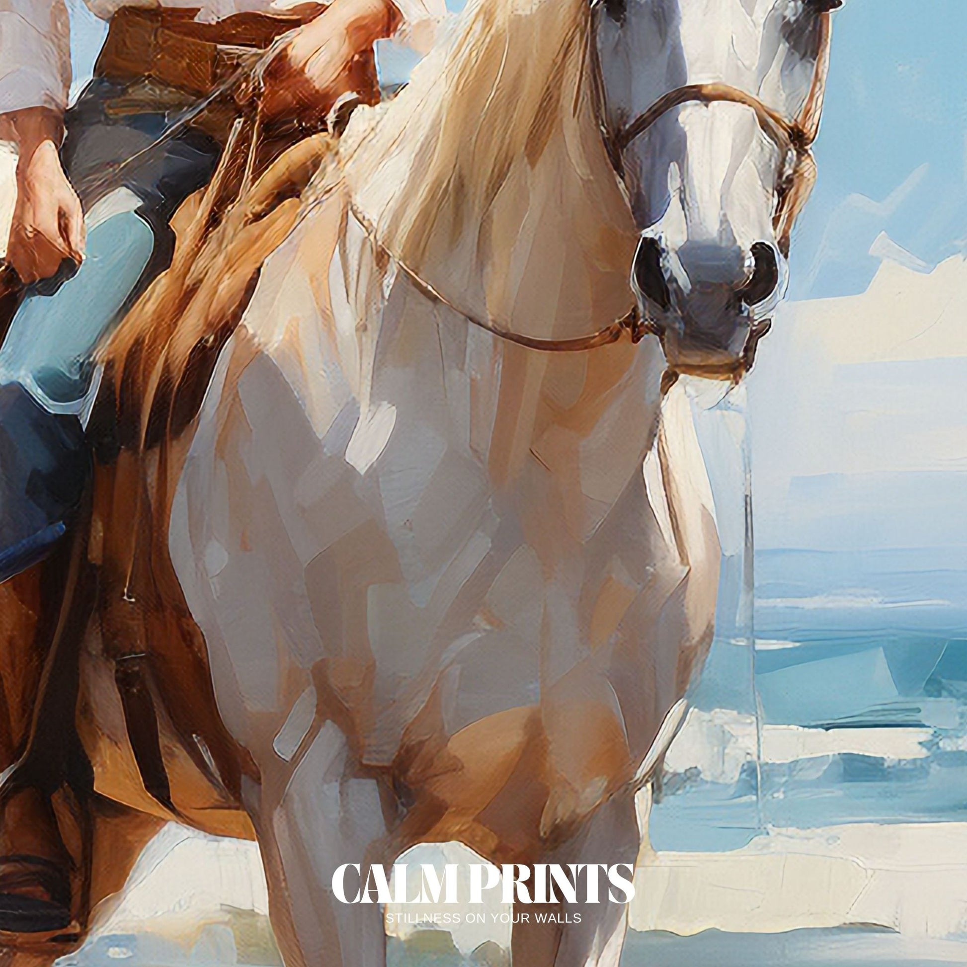 Artistic depiction of a summer day ride by the sea with a free-spirited cowgirl
