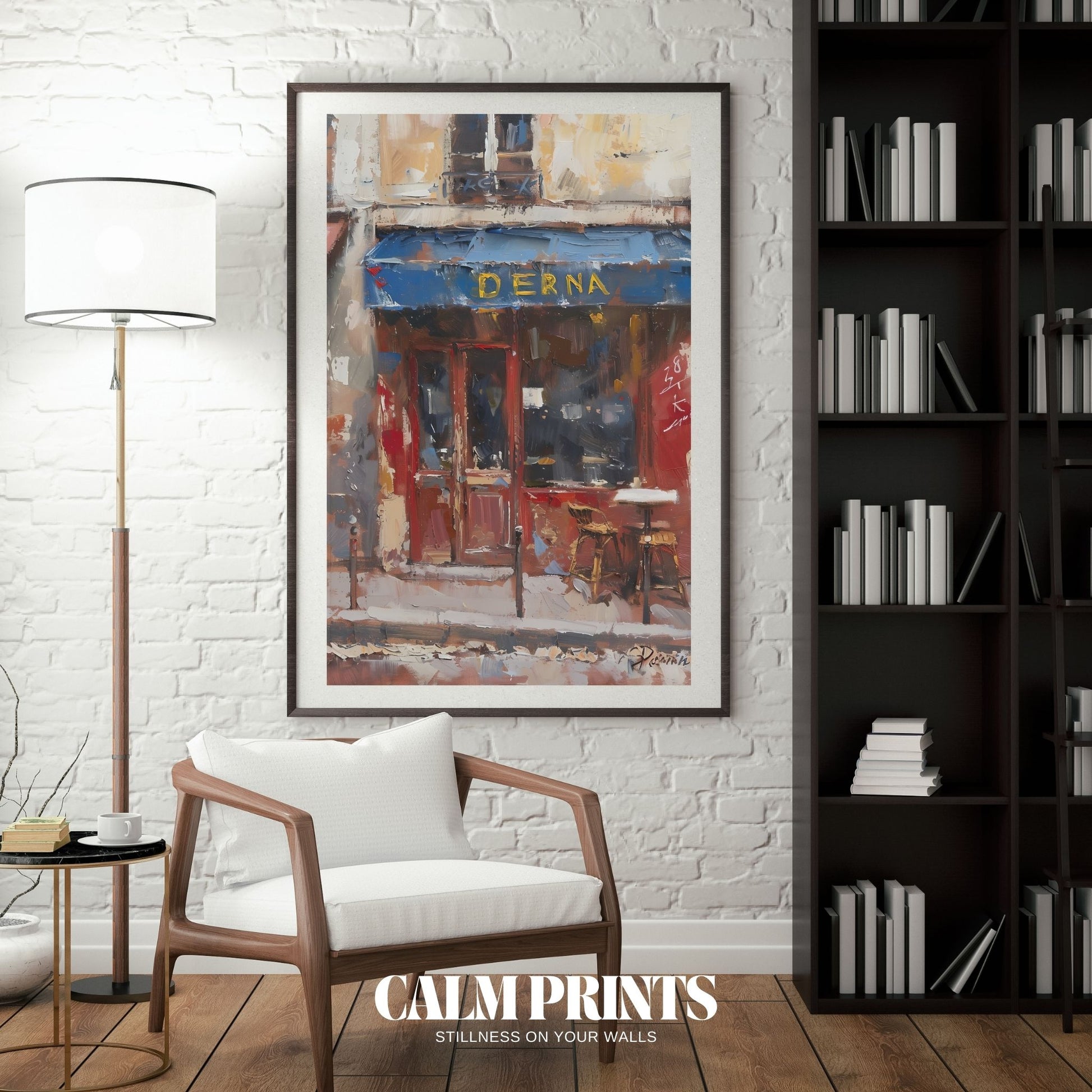 European café tucked into a scenic street corner in soft tones
