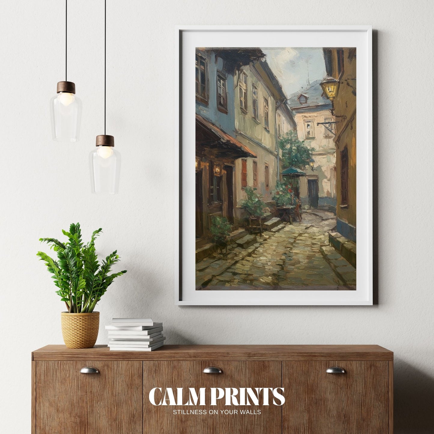 European cobblestone street basking in soft light and vintage charm
