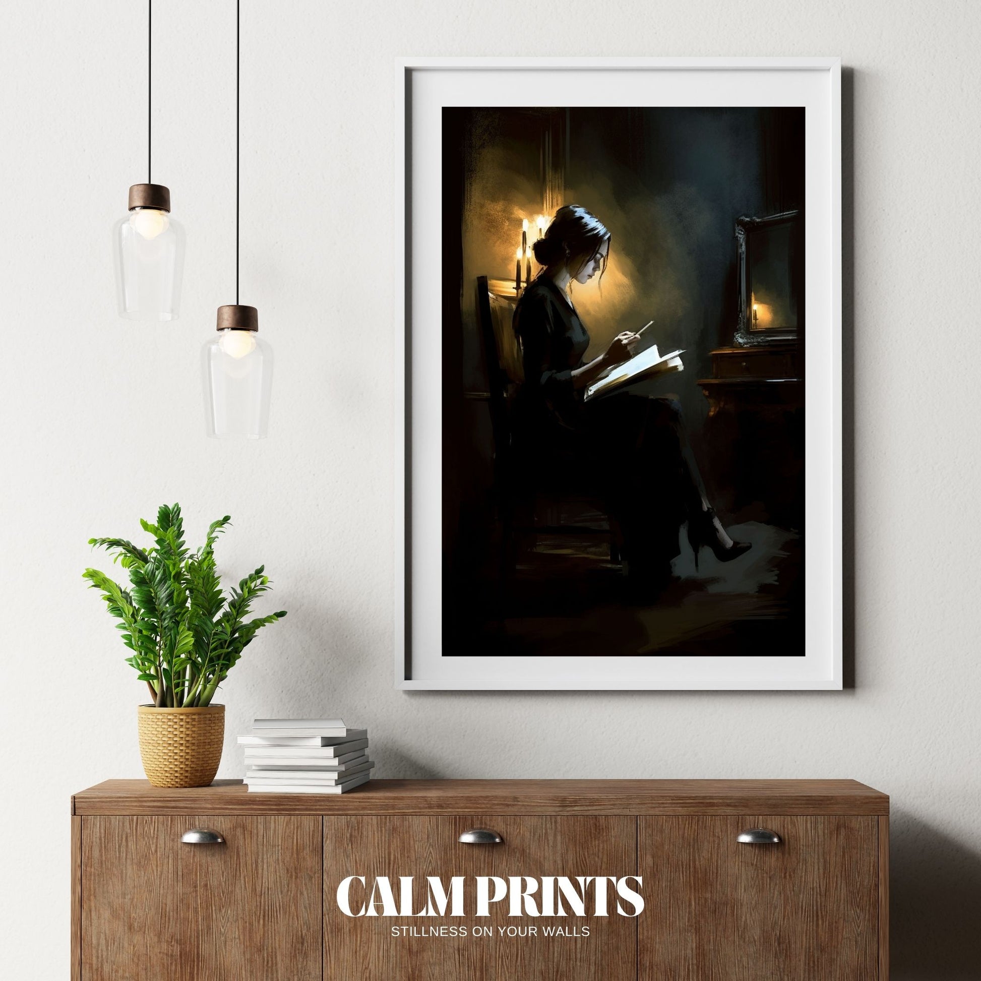 Poster featuring line art of a serene landscape in the evening light
