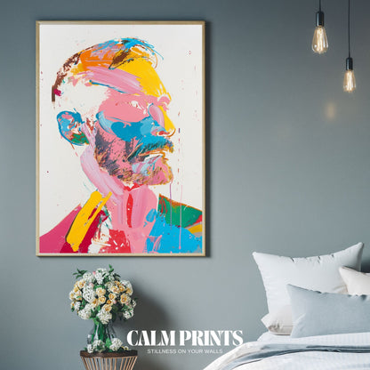 Artwork of an expressive portrait filled with movement and vibrant colour
