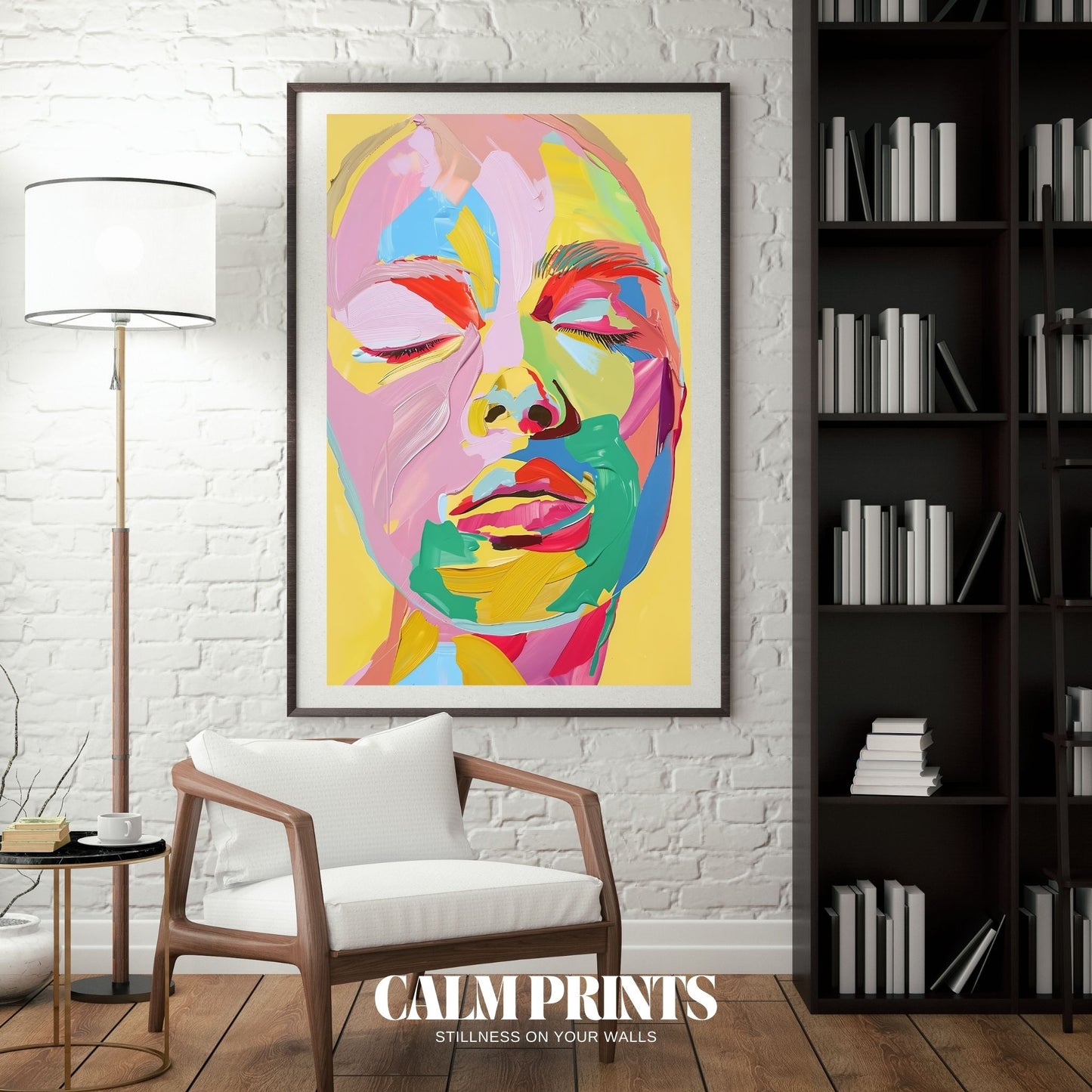 Print of a composed face with contrasting colours and flowing shapes
