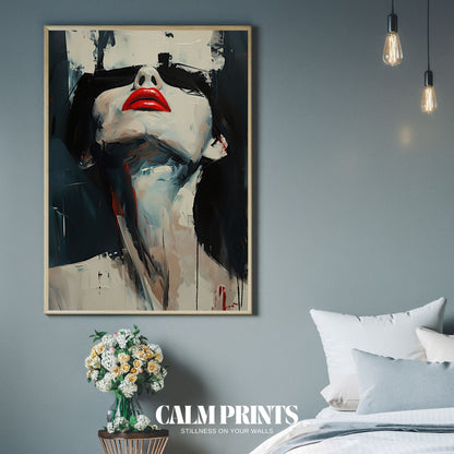 Minimalist face line art enhanced by vivid red lips on neutral tones