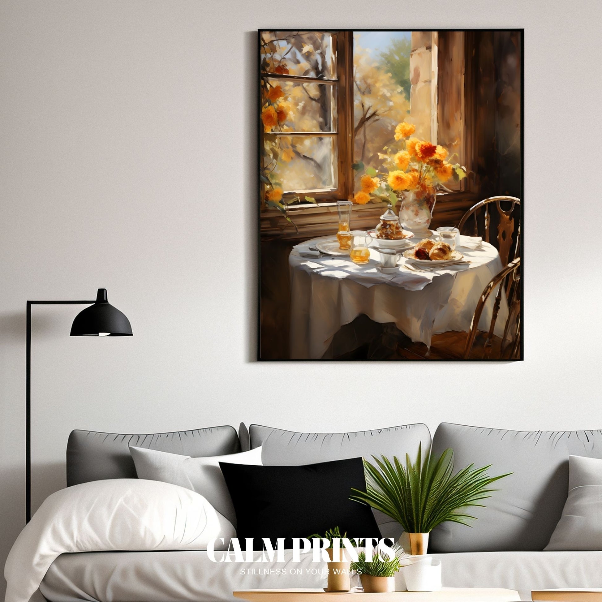 Art print of a breakfast table set for autumn near a sunlit window