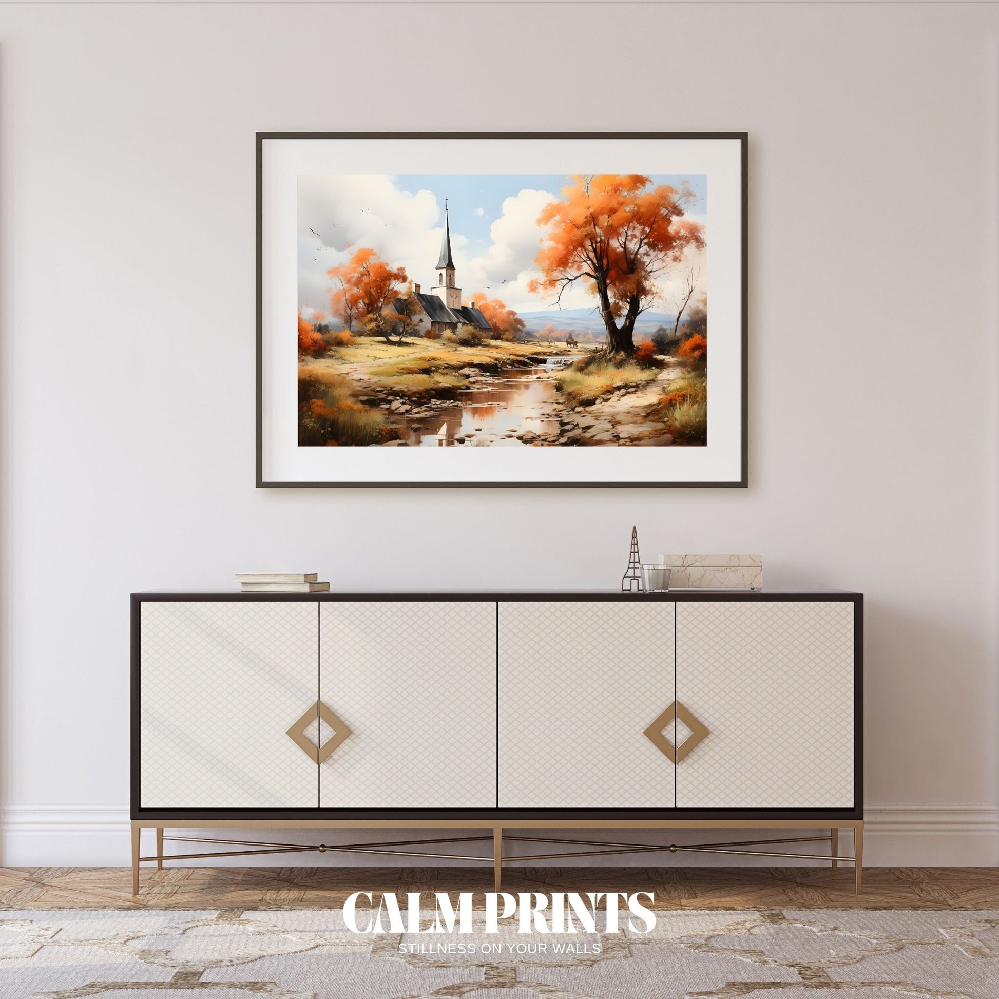 Riverside church in autumn with soft light and rich seasonal tones