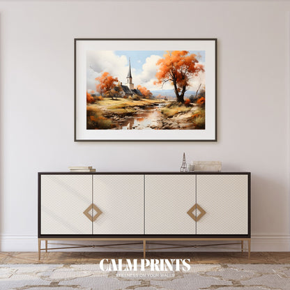 Riverside church in autumn with soft light and rich seasonal tones