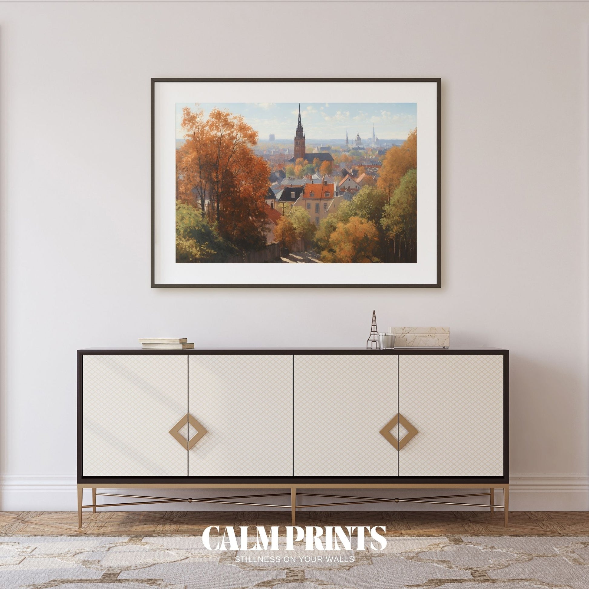 City view wrapped in warm autumn tones and scattered golden leaves
