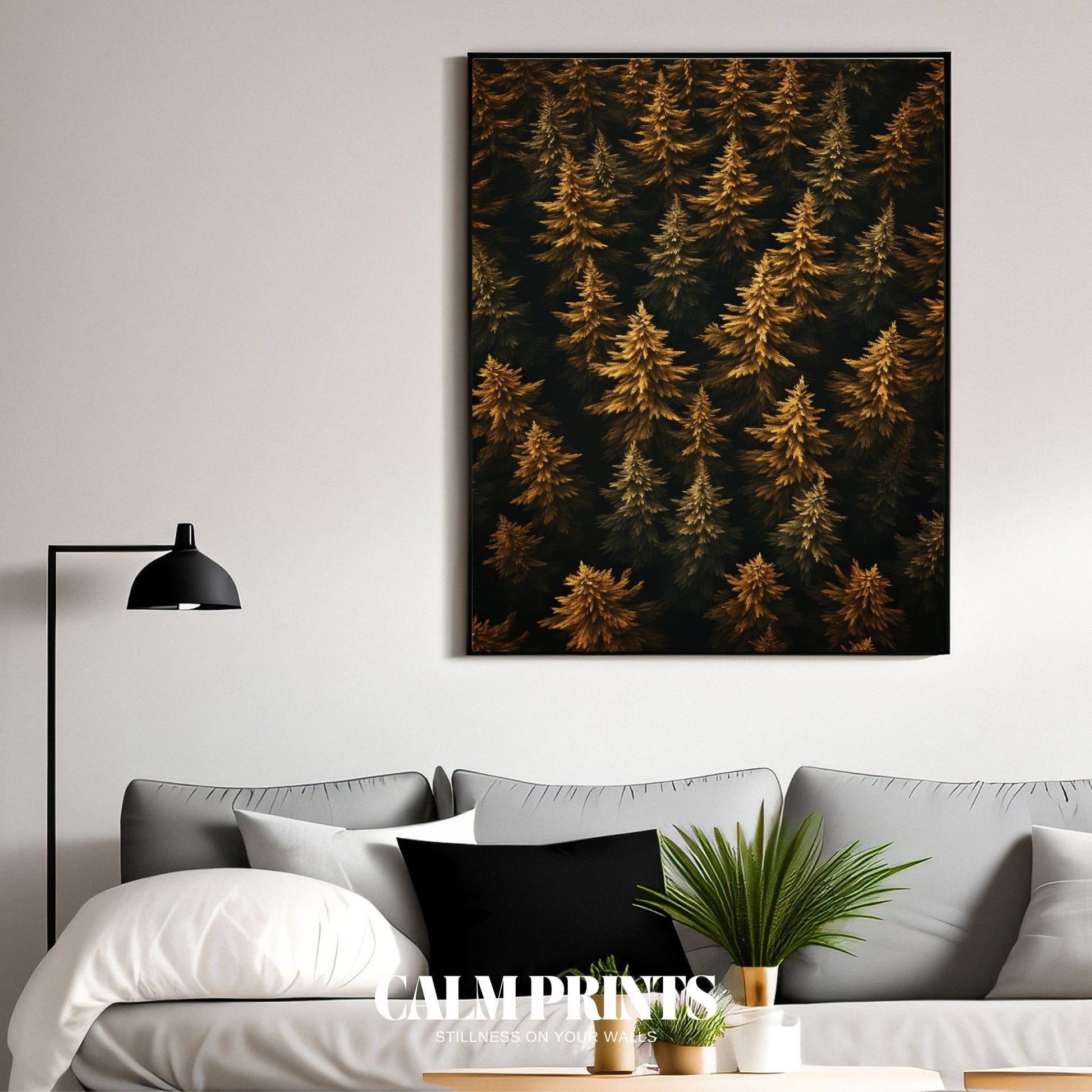 Aerial art of conifer woods in warm autumn tones and earthy layers