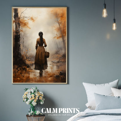 Art print of a forest path covered in autumn leaves and morning mist