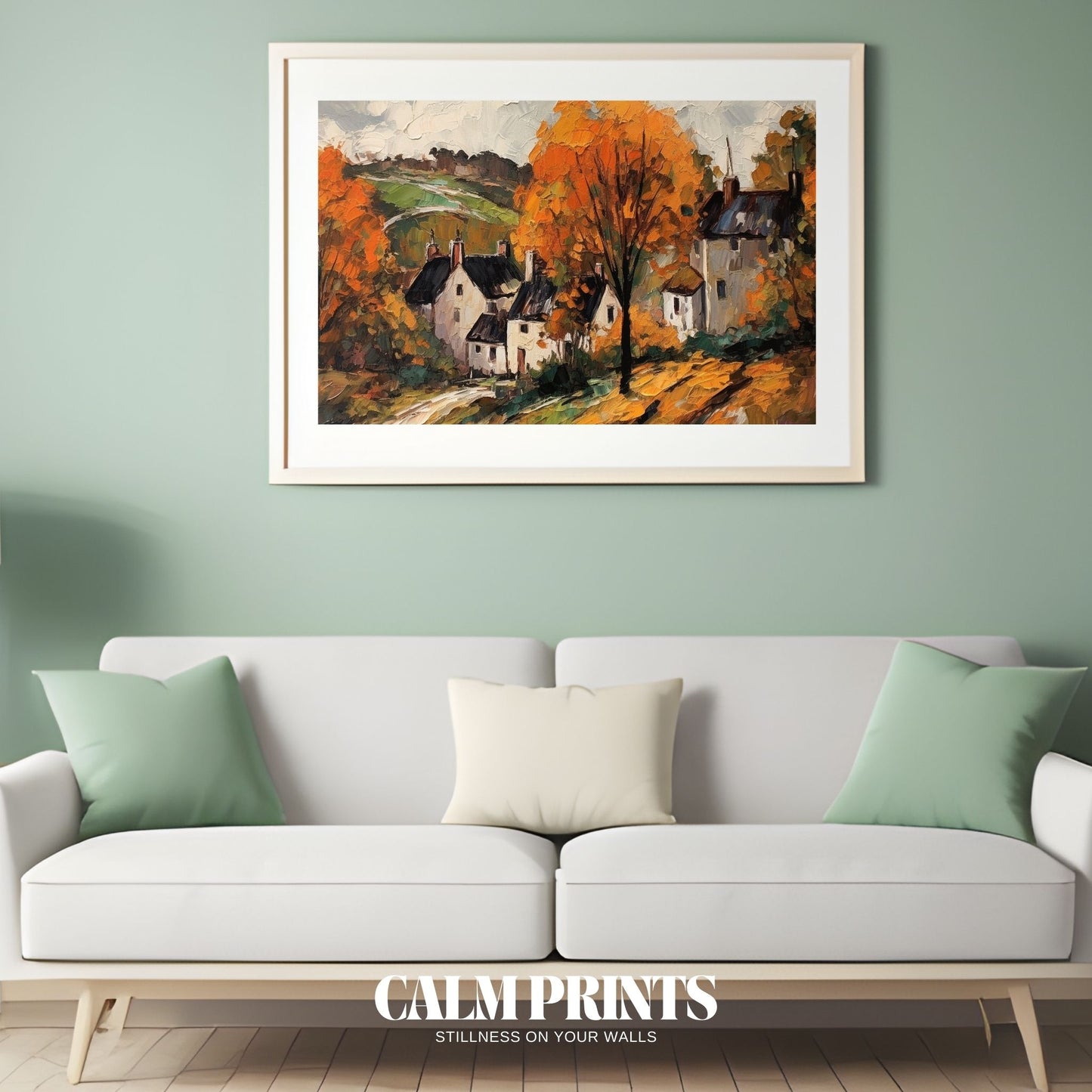 Autumn landscape featuring countryside houses among colourful trees