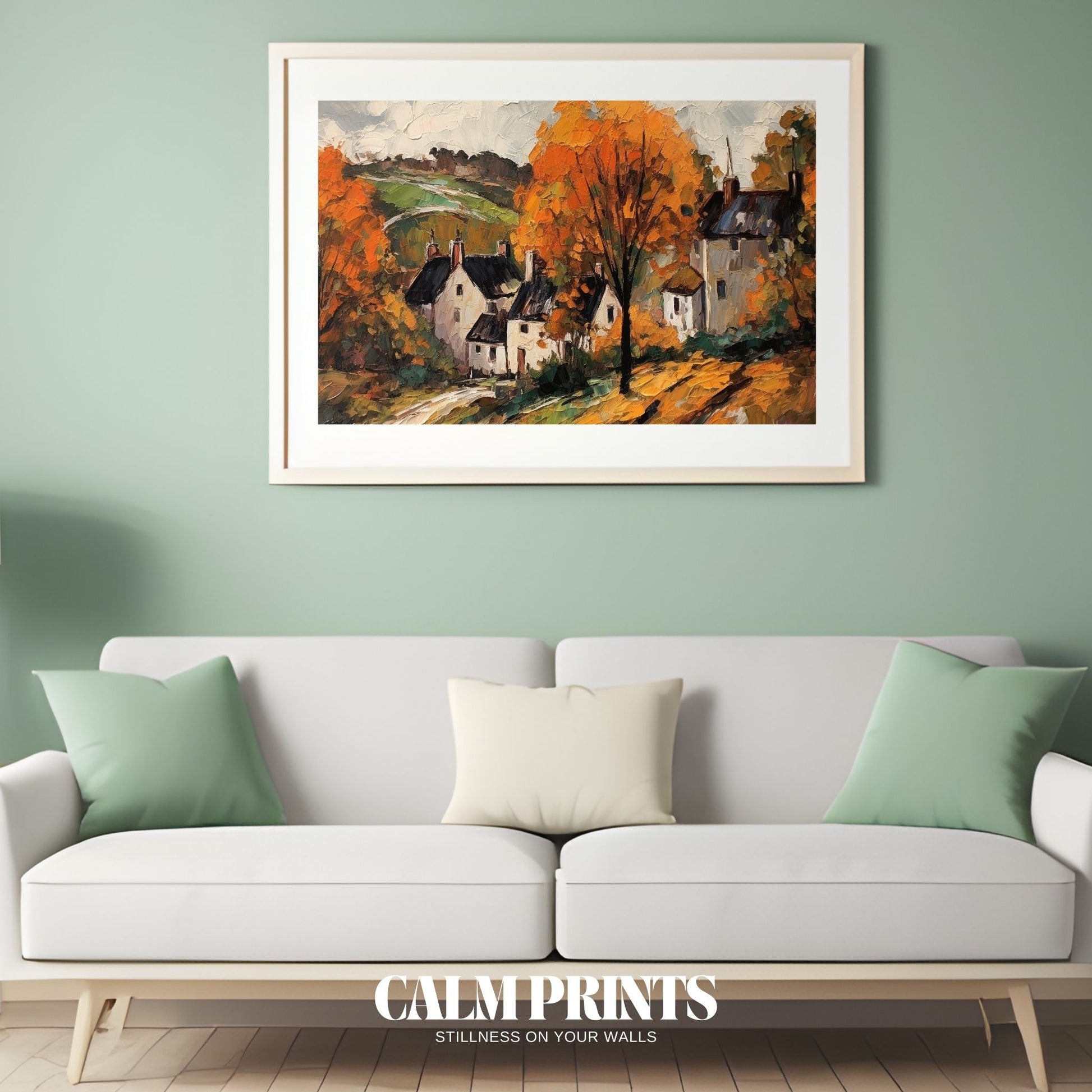 Autumn landscape featuring countryside houses among colourful trees