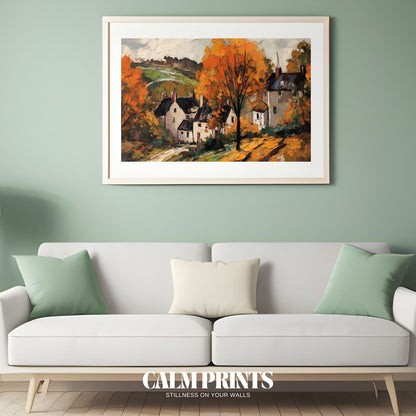 Autumn landscape featuring countryside houses among colourful trees