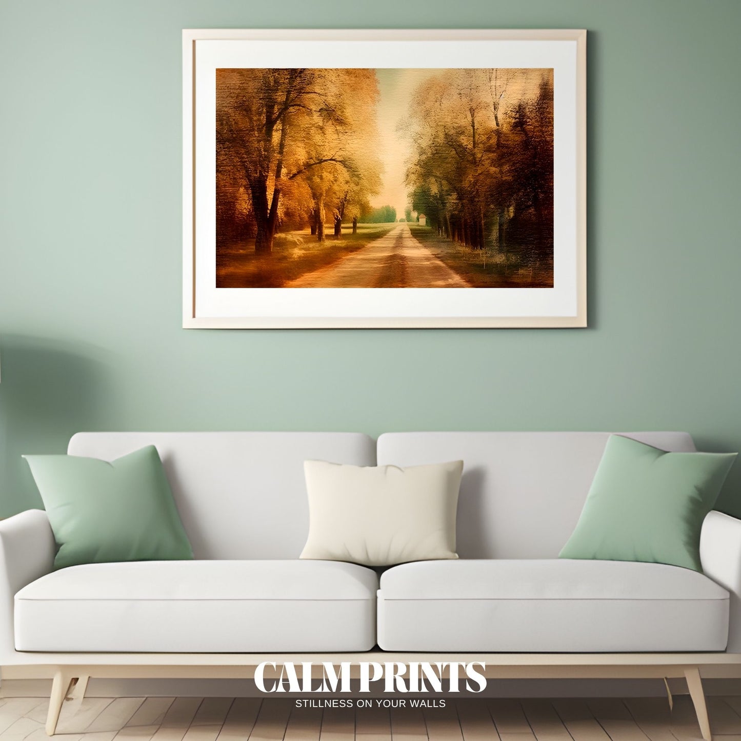 Tranquil forest trail covered in colourful fall leaves and soft light
