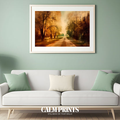 Tranquil forest trail covered in colourful fall leaves and soft light
