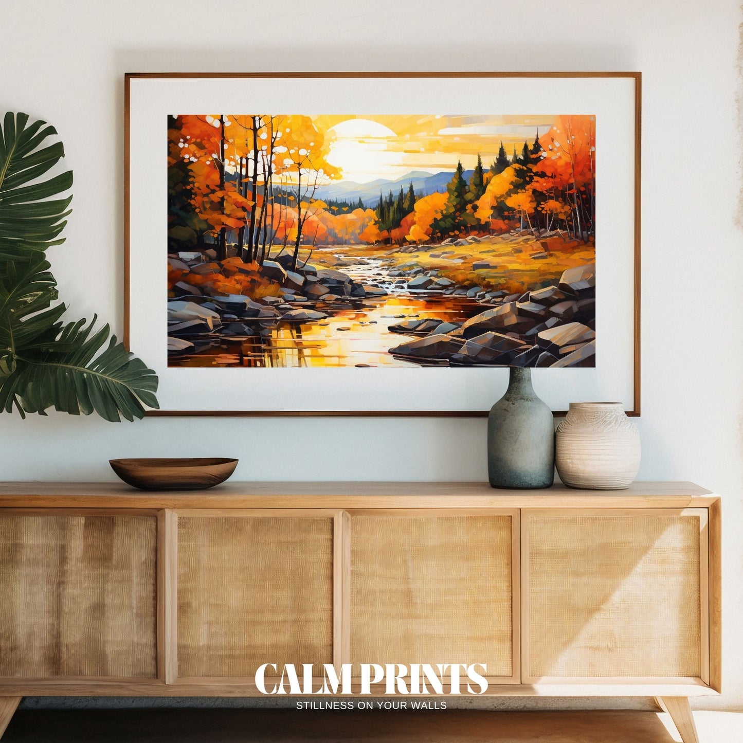 Reflected autumn light dancing on a peaceful stream at dusk