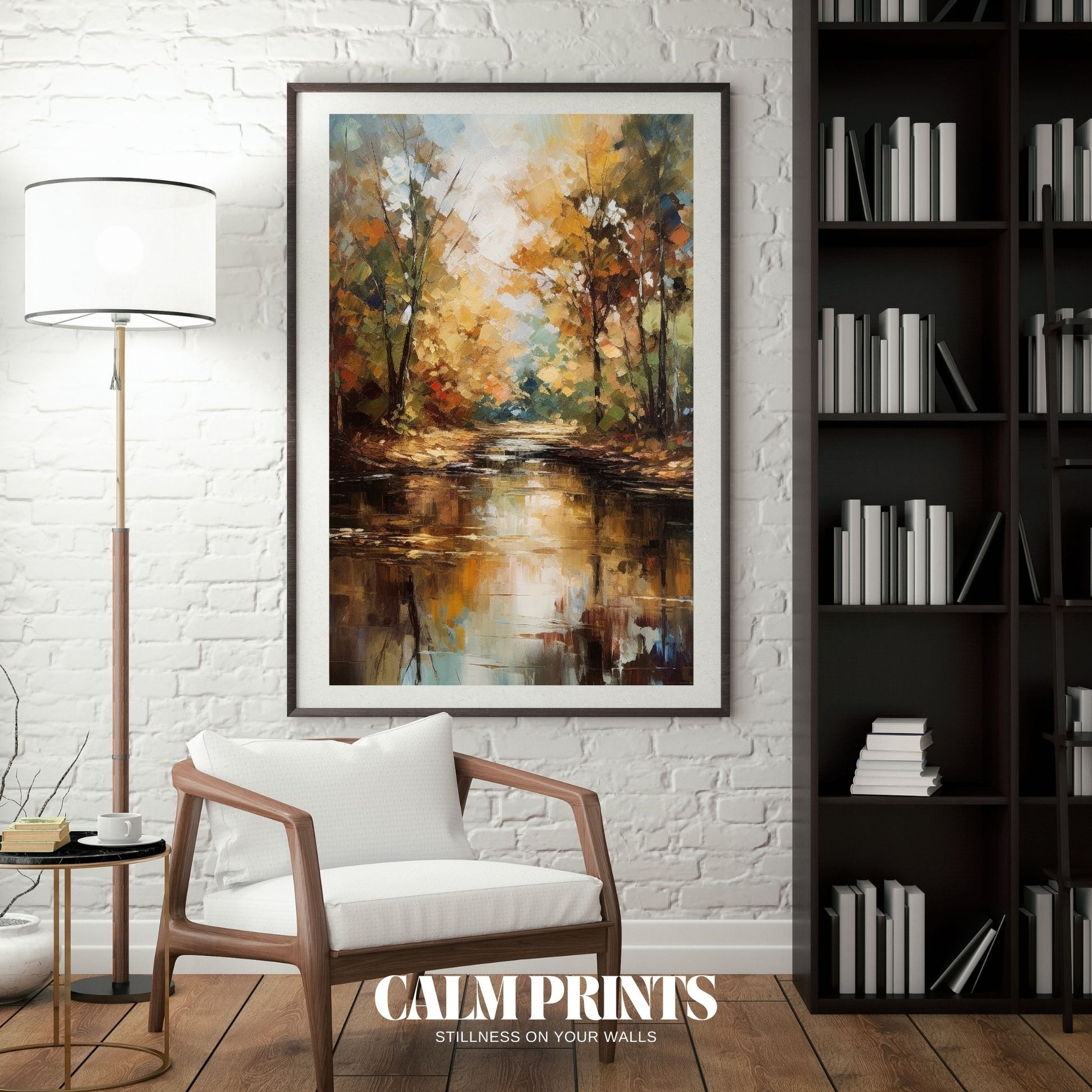 Art print showing tall autumn trees reflected in the stillness of a lake