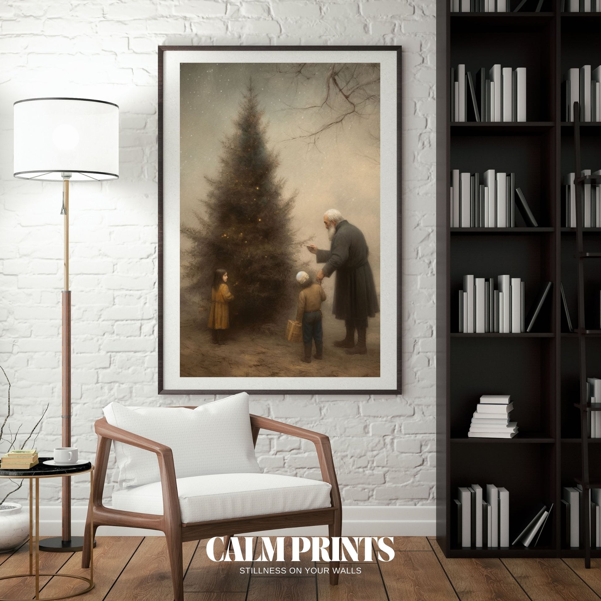 Art of a family gathered to trim the tree in a snowy garden setting
