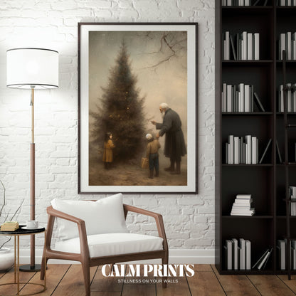 Art of a family gathered to trim the tree in a snowy garden setting
