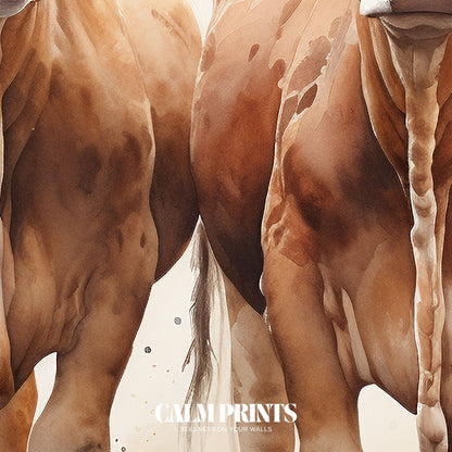 Farm animal print featuring two cows in a tranquil pastoral scene
