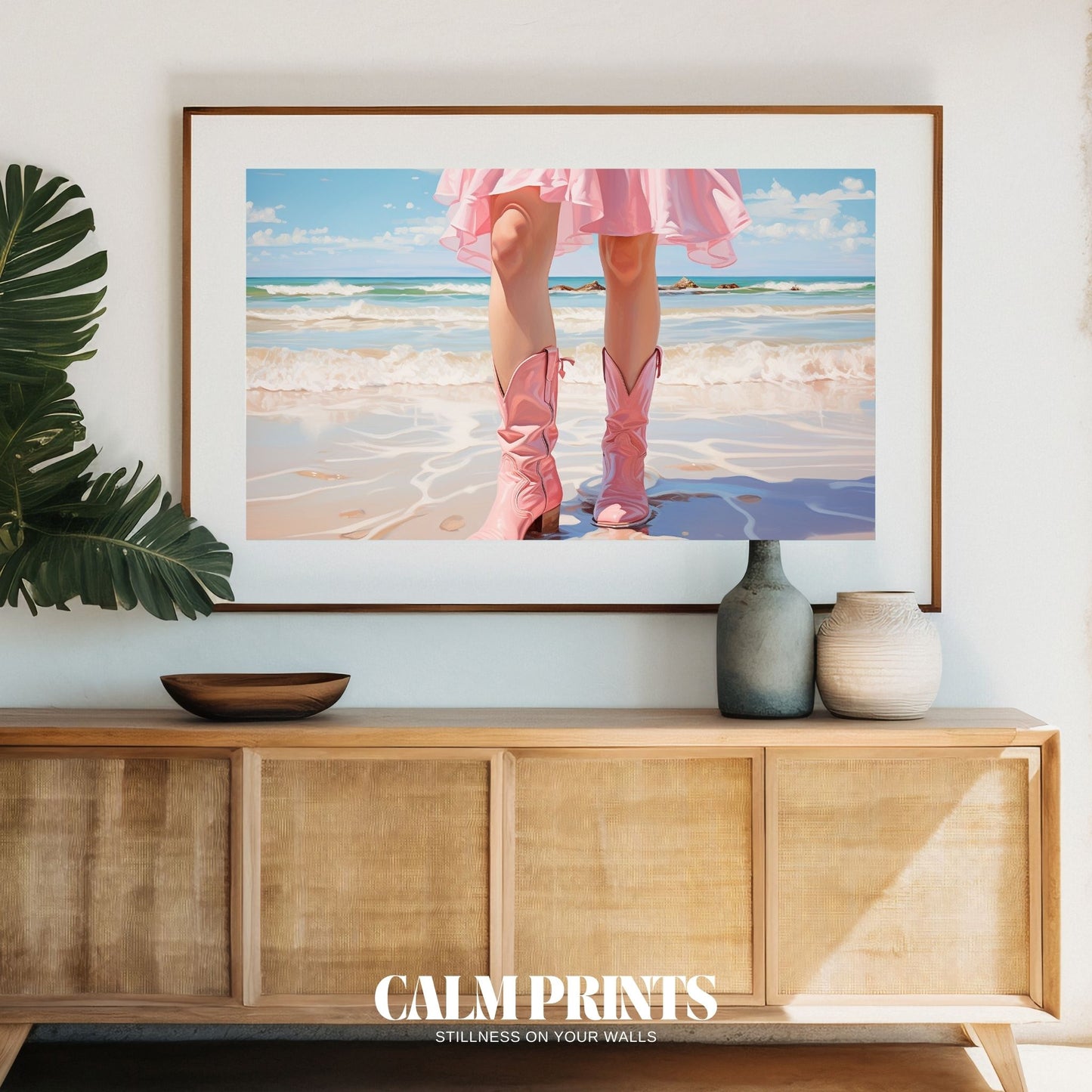 Seaside scene of a fashionable stroll on a dreamy summer beach
