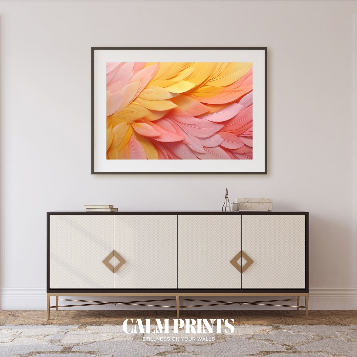 Wall art featuring a feather motif in subtle pastel tones for a peaceful feel
