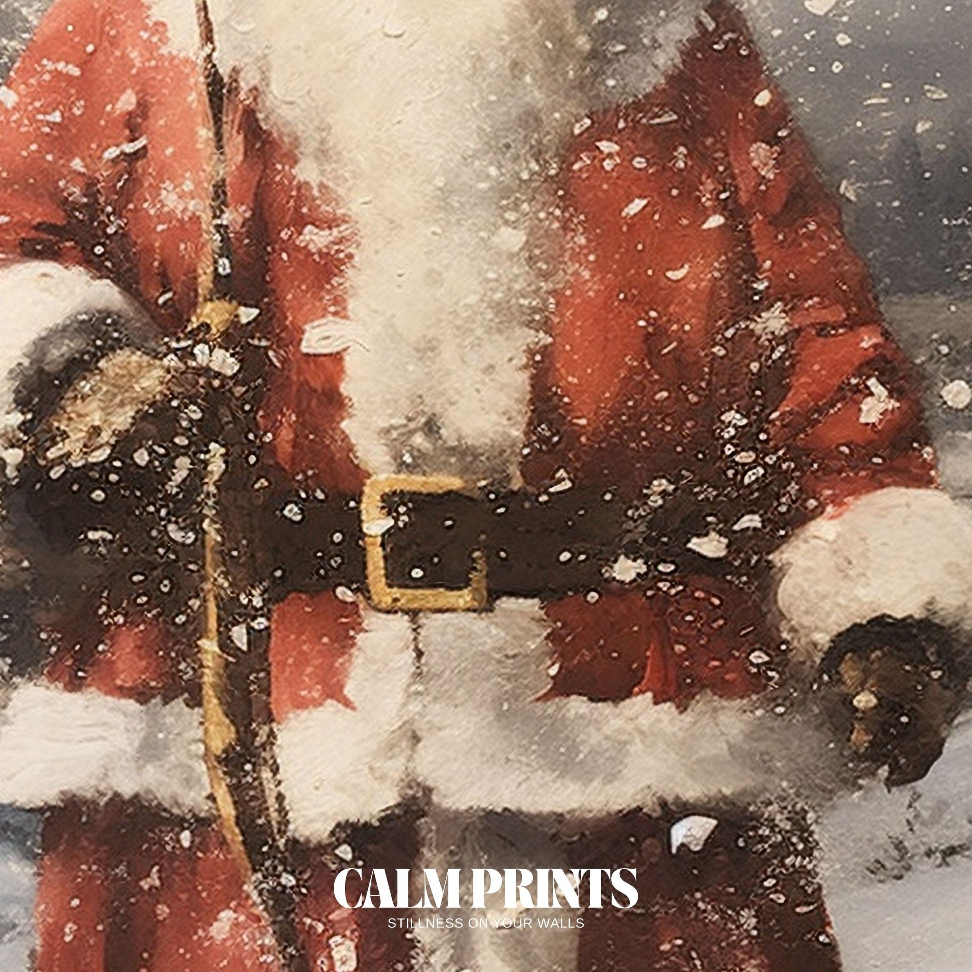 Festive snow scene featuring Santa and a glowing path through the woods
