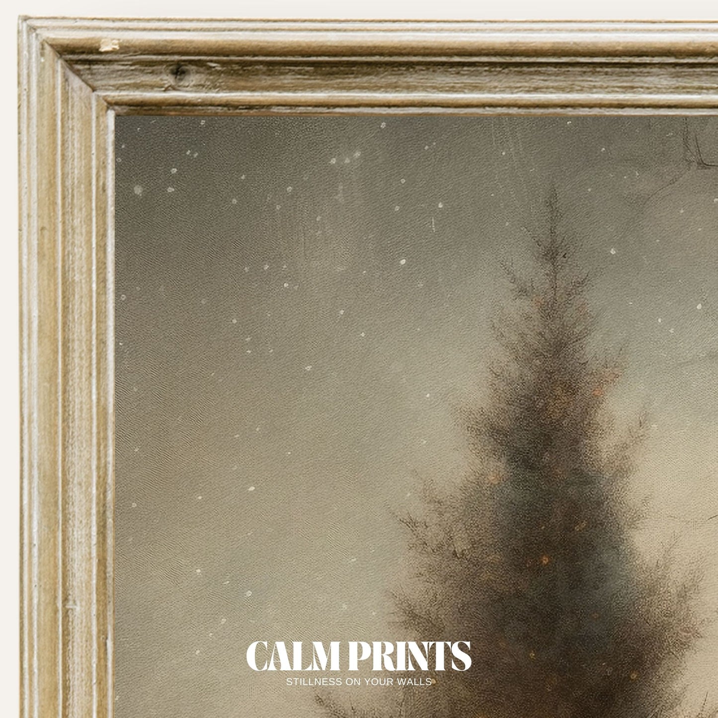 Print of a festive tree decorating moment during a gentle winter snowfall
