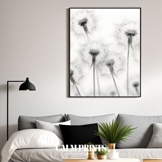 Fine line dandelion artwork featuring intricate monochrome seed structure