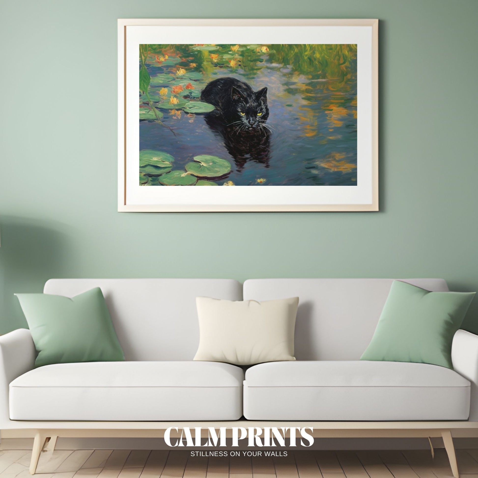 Nature art of floating water flowers and a peaceful black cat nearby
